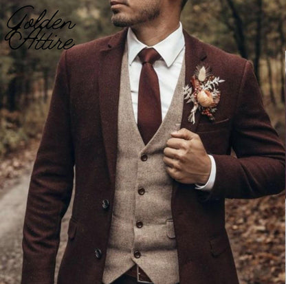Burgundy Tweed Wool Groom Suit, Elegant 3-Piece Wedding Suit