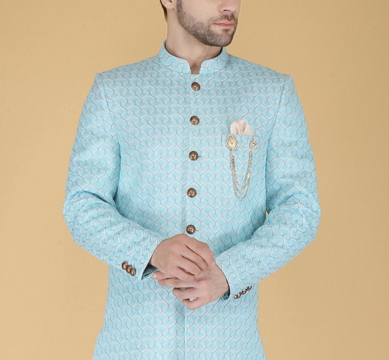 Sherwani for Men, Indian Wedding Groom Outfit, Sky blue Indo Western Set,
