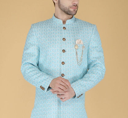 Sherwani for Men, Indian Wedding Groom Outfit, Sky blue Indo Western Set,