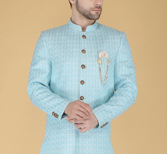 Sherwani for Men, Indian Wedding Groom Outfit, Sky blue Indo Western Set,