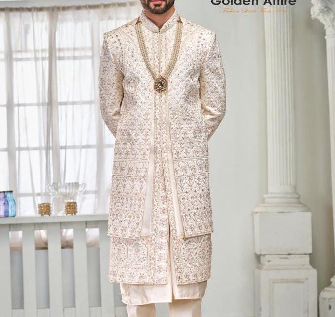 Ethereal White Sherwani, Double Layer Groom Outfit, Wedding Attire