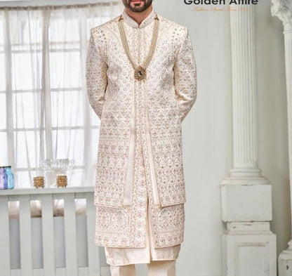 Ethereal White Sherwani, Double Layer Groom Outfit, Wedding Attire