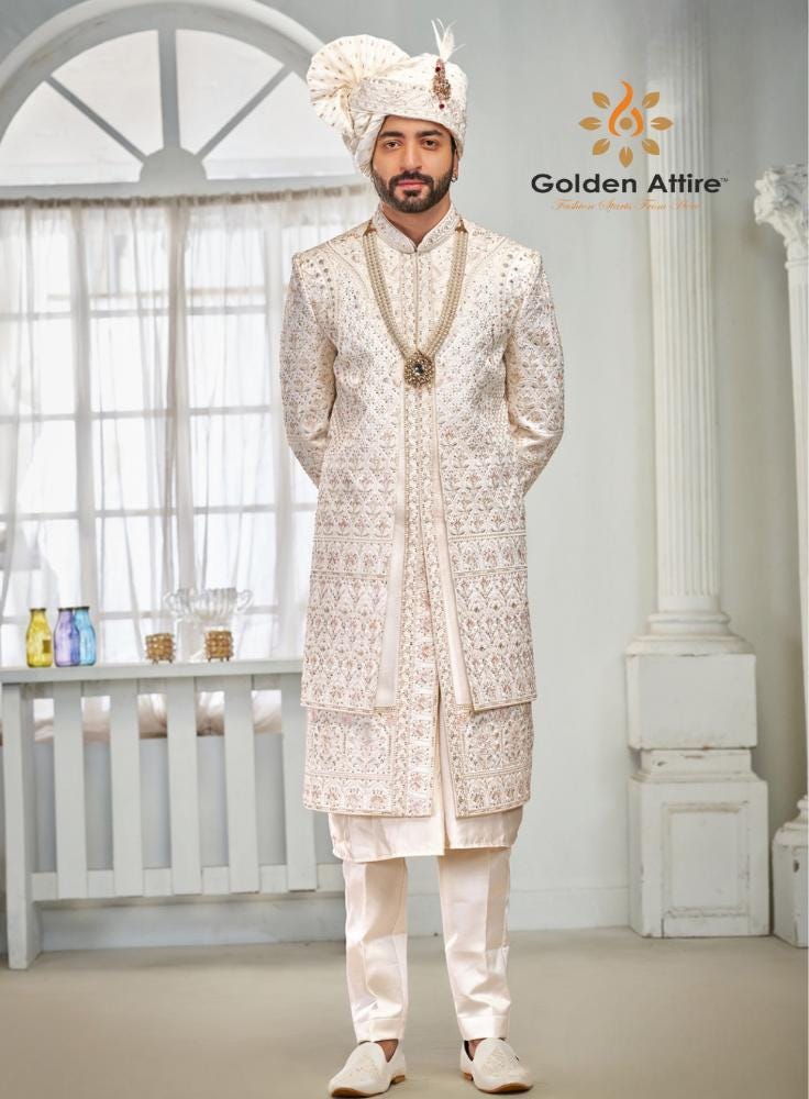 Ethereal White Sherwani, Double Layer Groom Outfit, Wedding Attire