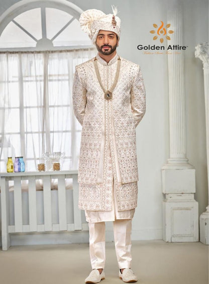 Ethereal White Sherwani, Double Layer Groom Outfit, Wedding Attire