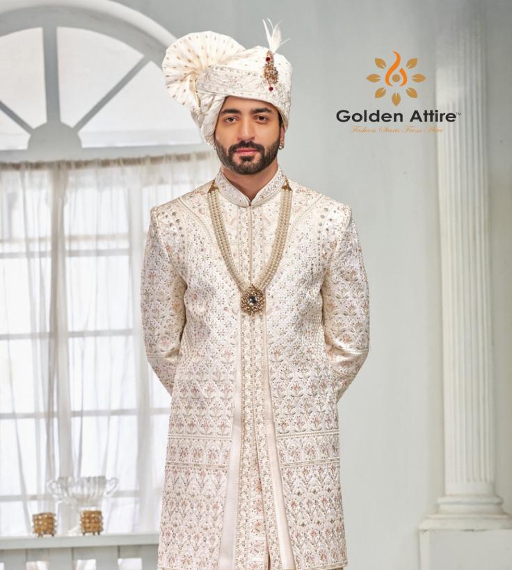 Ethereal White Sherwani, Double Layer Groom Outfit, Wedding Attire