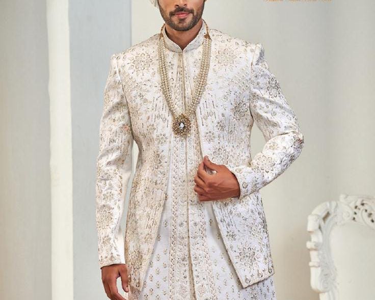 White Sherwani: Double Layer Wedding Groom Dress