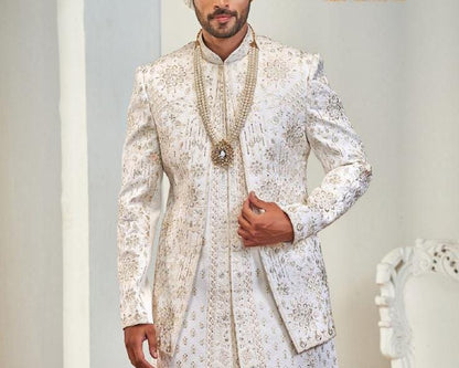 White Sherwani: Double Layer Wedding Groom Dress