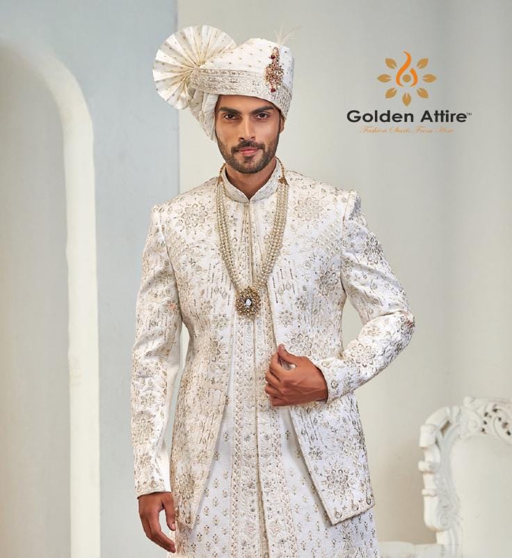 White Sherwani: Double Layer Wedding Groom Dress