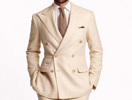Beige Linen Double Breasted Suit: Slim Fit Men's 2-Piece Wedding Suit