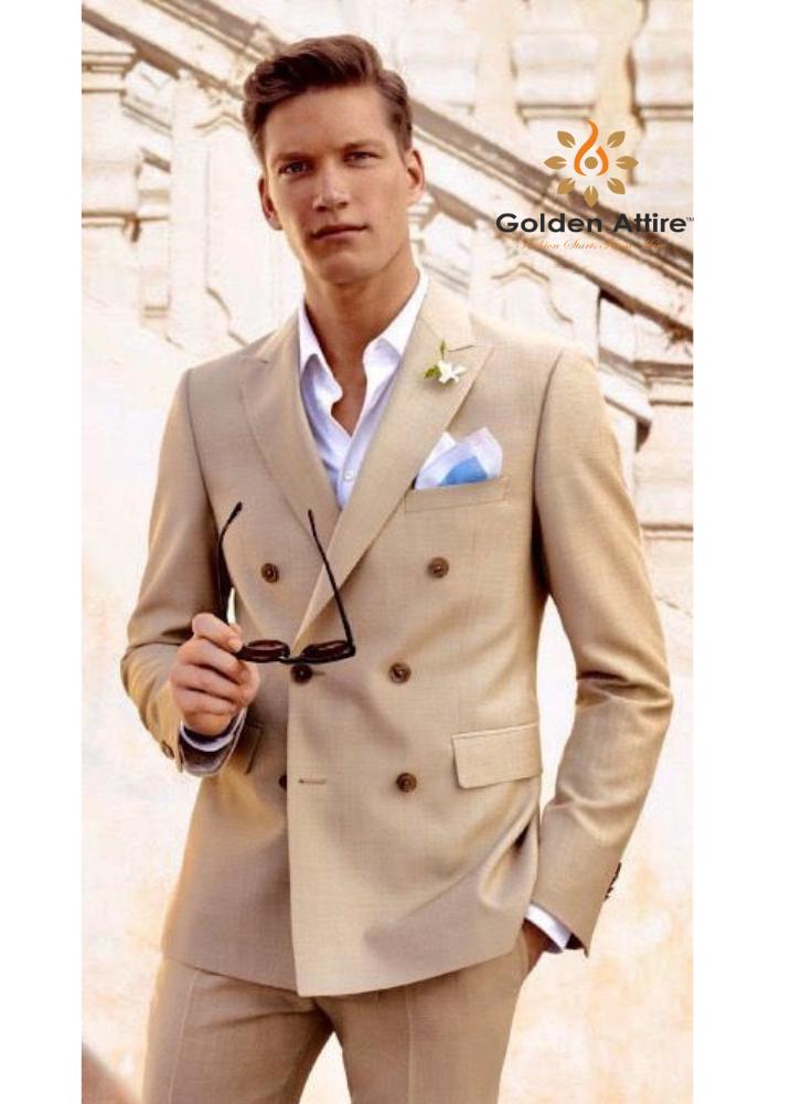 Beige Double Breasted Suit: Men's 2-Piece Wedding Groom Suit