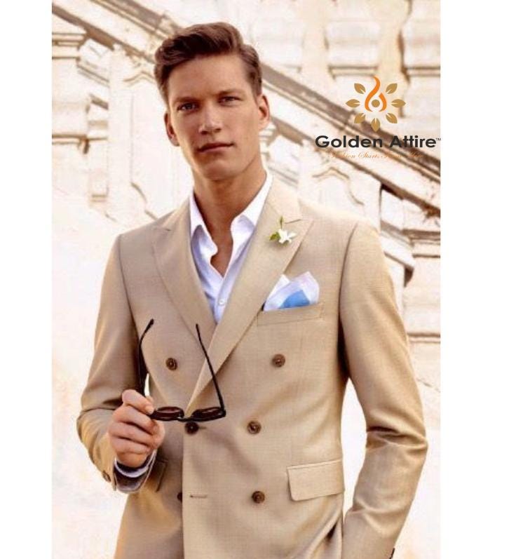 Beige Double Breasted Suit: Men's 2-Piece Wedding Groom Suit