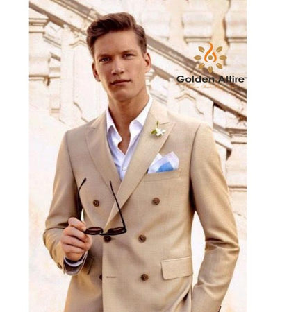 Beige Double Breasted Suit: Men's 2-Piece Wedding Groom Suit