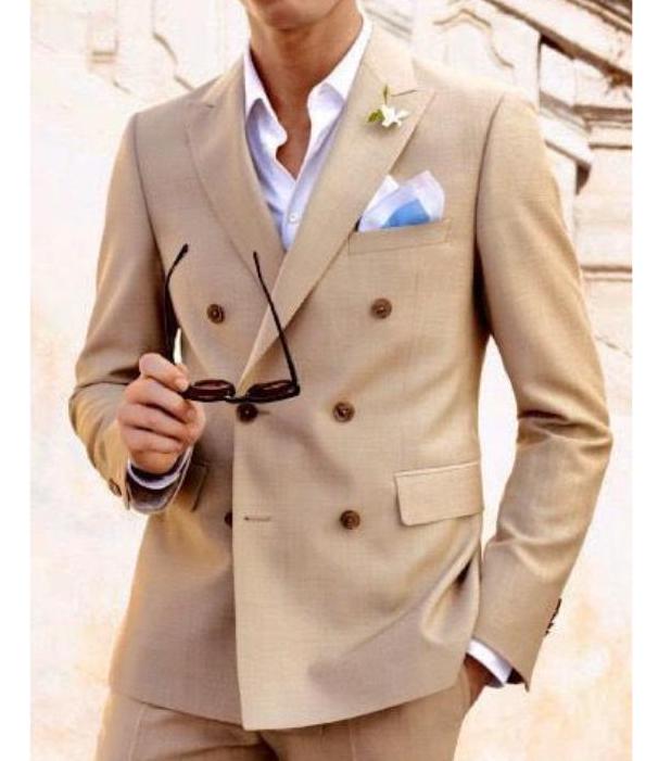 Beige Double Breasted Suit: Men's 2-Piece Wedding Groom Suit