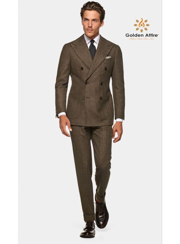Brown Tweed Wool Double Breasted Suit, Luxury Groom Wear