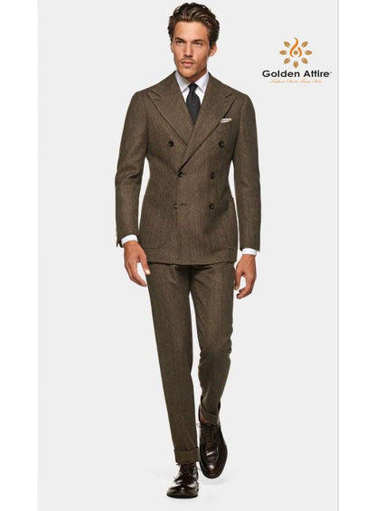 Brown Tweed Wool Double Breasted Suit, Luxury Groom Wear