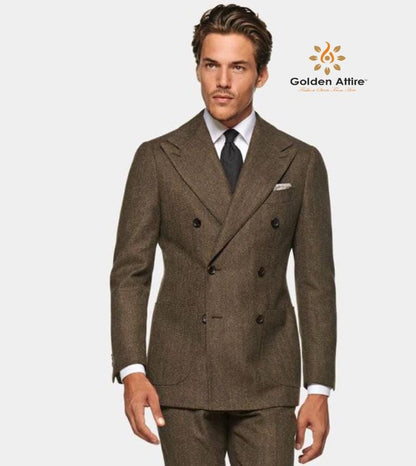 Brown Tweed Wool Double Breasted Suit, Luxury Groom Wear