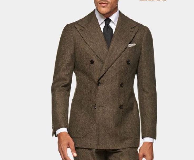Brown Tweed Wool Double Breasted Suit, Luxury Groom Wear