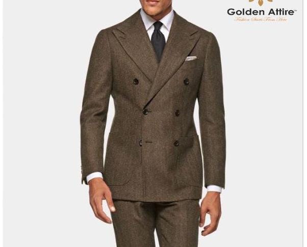 Brown Tweed Wool Double Breasted Suit, Luxury Groom Wear