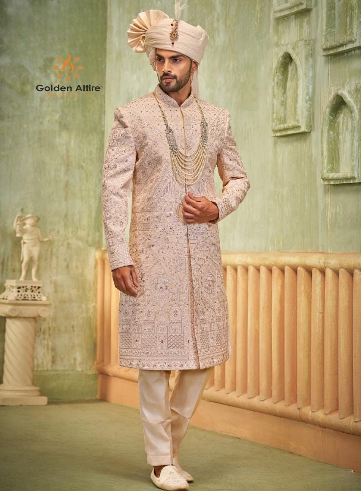 Blush Pink Embellished Sherwani Set: Indian Groom Outfit
