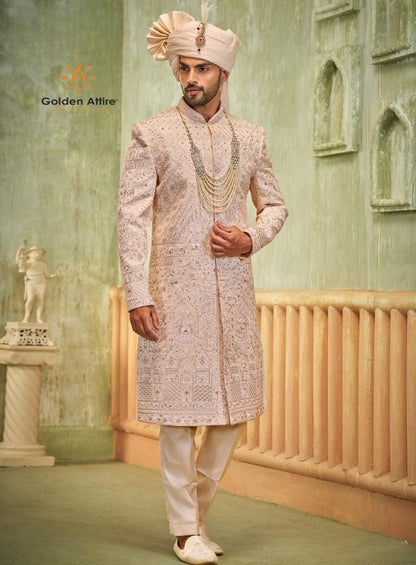 Blush Pink Embellished Sherwani Set: Indian Groom Outfit
