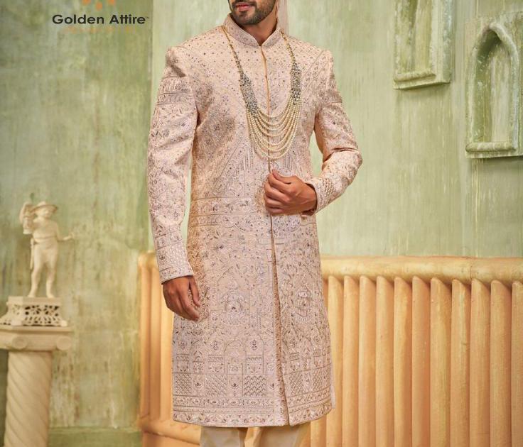 Blush Pink Embellished Sherwani Set: Indian Groom Outfit