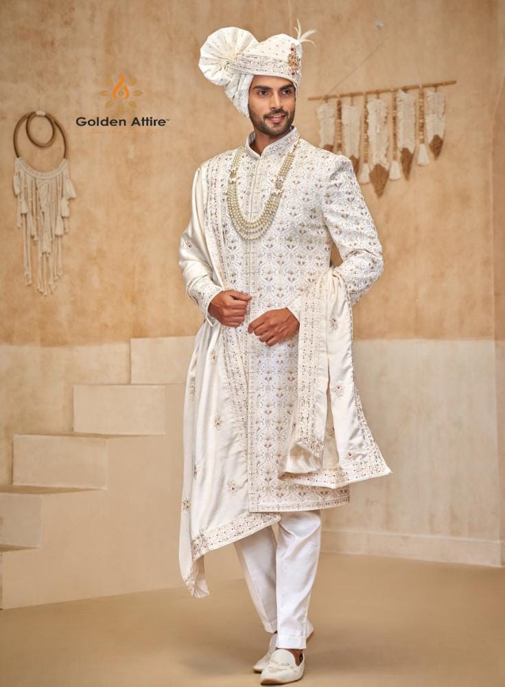 Antique White Sherwani for Men, Indian Groom Outfit