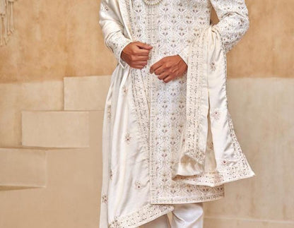 Antique White Sherwani for Men, Indian Groom Outfit