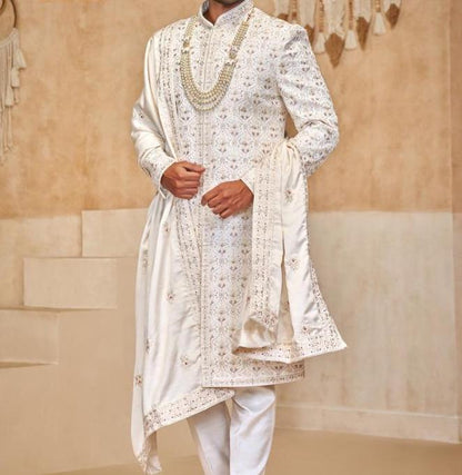 Antique White Sherwani for Men, Indian Groom Outfit