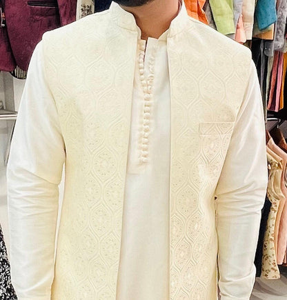 Ivory Kurta Pajama with Jacket, Handcrafted Indian Wedding Outfit