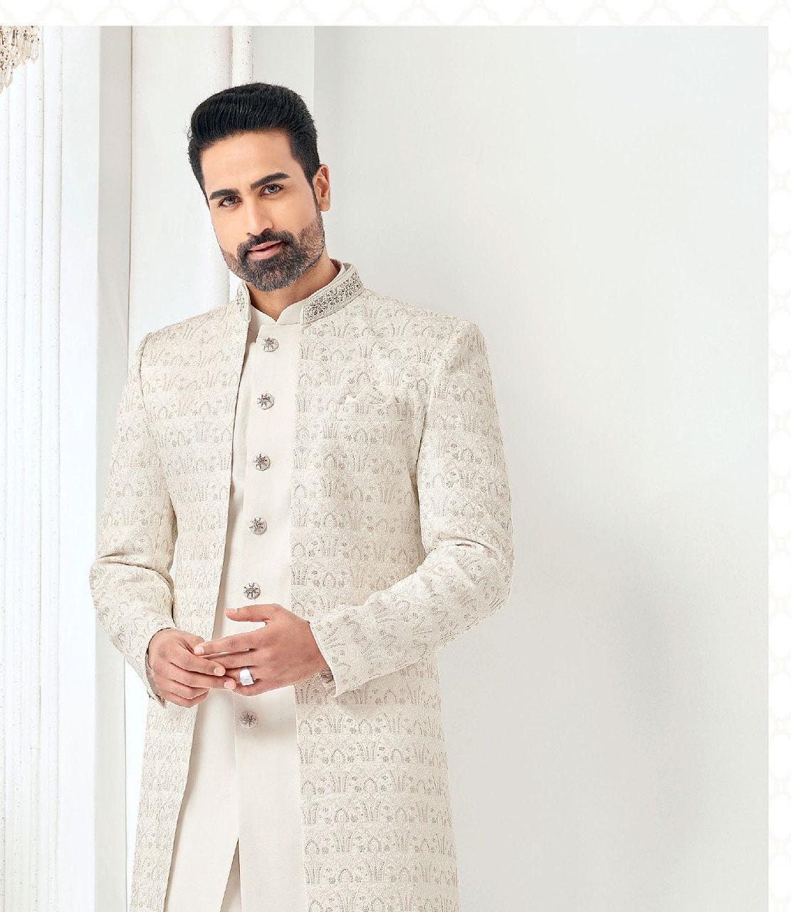 Ivory Sherwani, Groom Wedding Outfit, Shrug Style