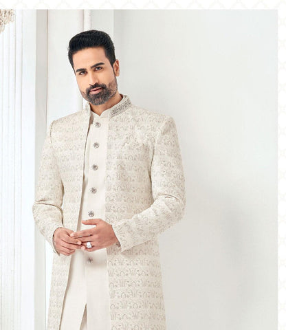 Ivory Sherwani, Groom Wedding Outfit, Shrug Style