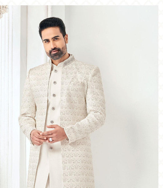 Ivory Sherwani, Groom Wedding Outfit, Shrug Style