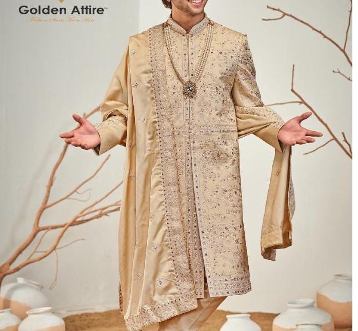 Handcrafted Sherwani Set, Indian Groom Outfit