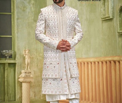 Handcrafted White Wedding Sherwani, Groom Outfit