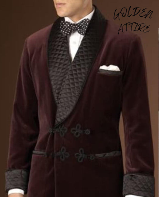 Burgundy Velvet Smoking Jacket, Double Breasted Tuxedo, Bespoke Jacket