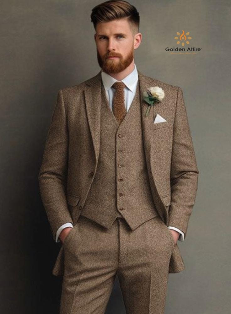 Tailor Made Tweed Suit, Vintage Style Three Piece Groom Wedding Suit