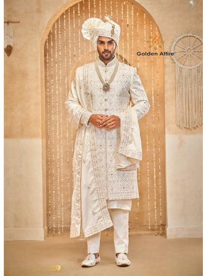Warm White Sherwani for Men: Indian Groom Wedding Outfit