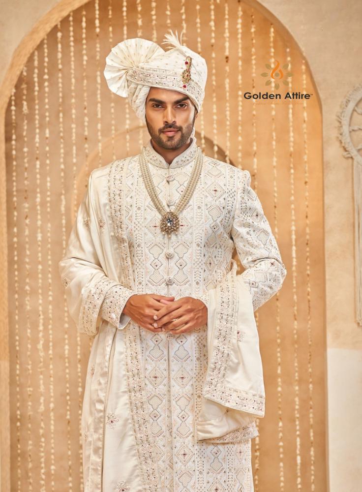 Warm White Sherwani for Men: Indian Groom Wedding Outfit