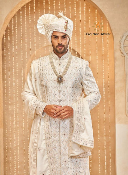 Warm White Sherwani for Men: Indian Groom Wedding Outfit