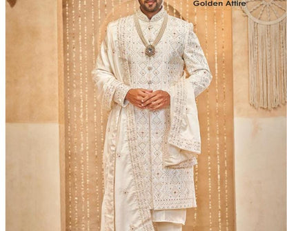 Warm White Sherwani for Men: Indian Groom Wedding Outfit
