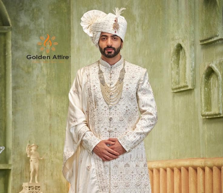 Ivory Embroidered Sherwani Set for Men - Indian Wedding Outfit, Groom Attire