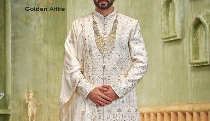 Ivory Embroidered Sherwani Set for Men - Indian Wedding Outfit, Groom Attire