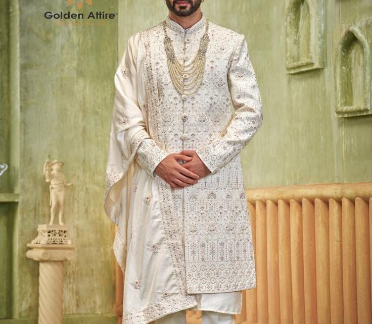 Ivory Embroidered Sherwani Set for Men - Indian Wedding Outfit, Groom Attire