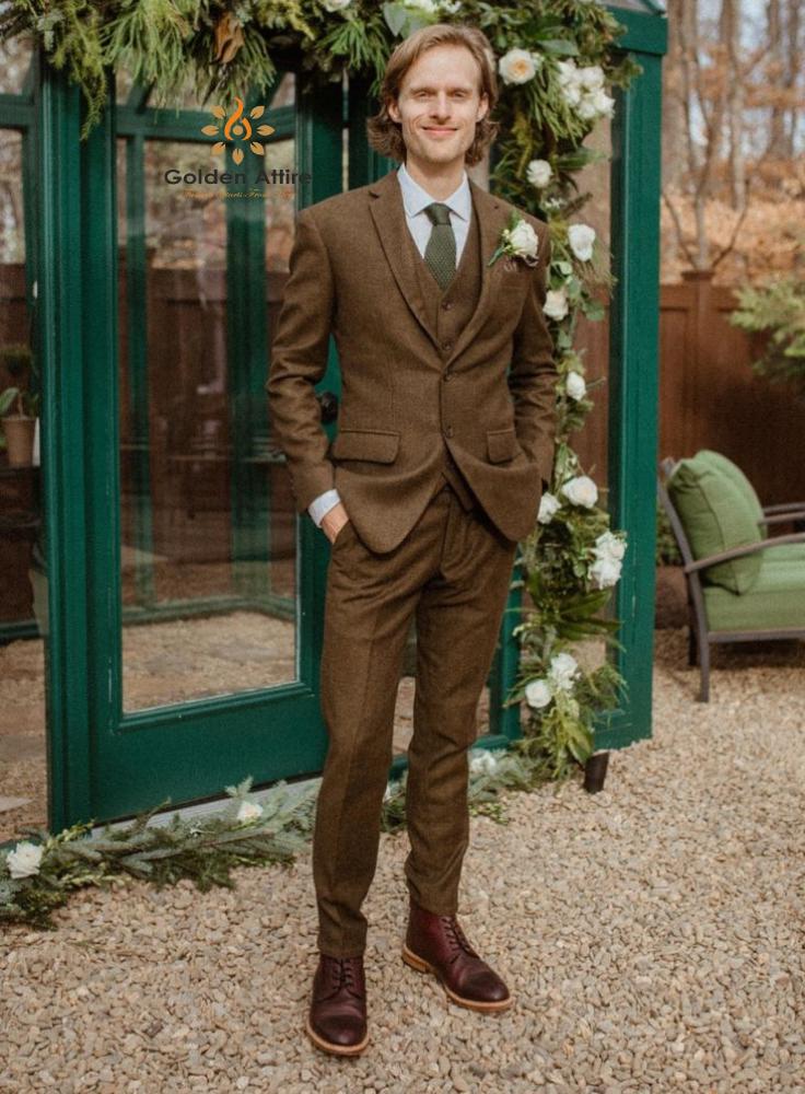 Brown Tweed Wool Suit: Men's Classic Wedding Groom Suit