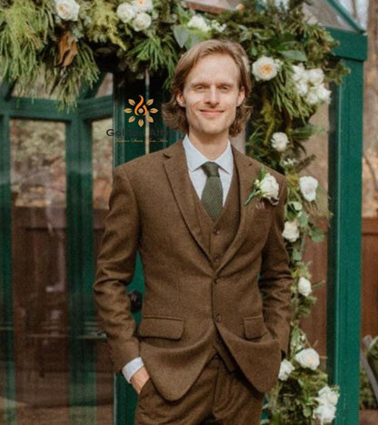Brown Tweed Wool Suit: Men's Classic Wedding Groom Suit