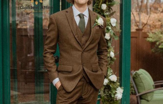 Brown Tweed Wool Suit: Men's Classic Wedding Groom Suit