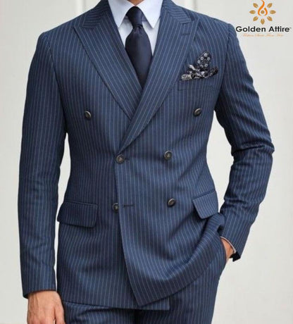 Blue Striped Double Breasted Suit: Men's 3-Piece Wedding Groom Suit