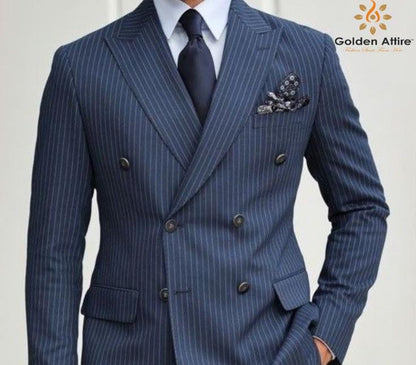Blue Striped Double Breasted Suit: Men's 3-Piece Wedding Groom Suit