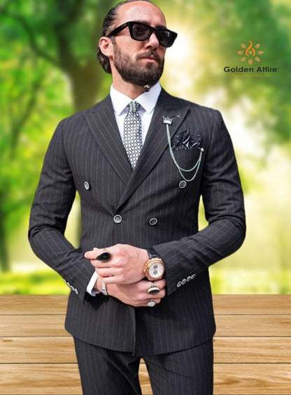 Black Pinstripe Double Breasted Suit: Men's 3-Piece Wedding Groom Dinner Suit