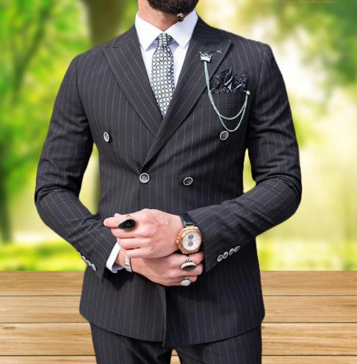 Black Pinstripe Double Breasted Suit: Men's 3-Piece Wedding Groom Dinner Suit